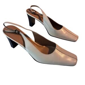 Danelle Slingback Block Heel Womens 9 Leather Made in Brazil Cream Square Toe 3"